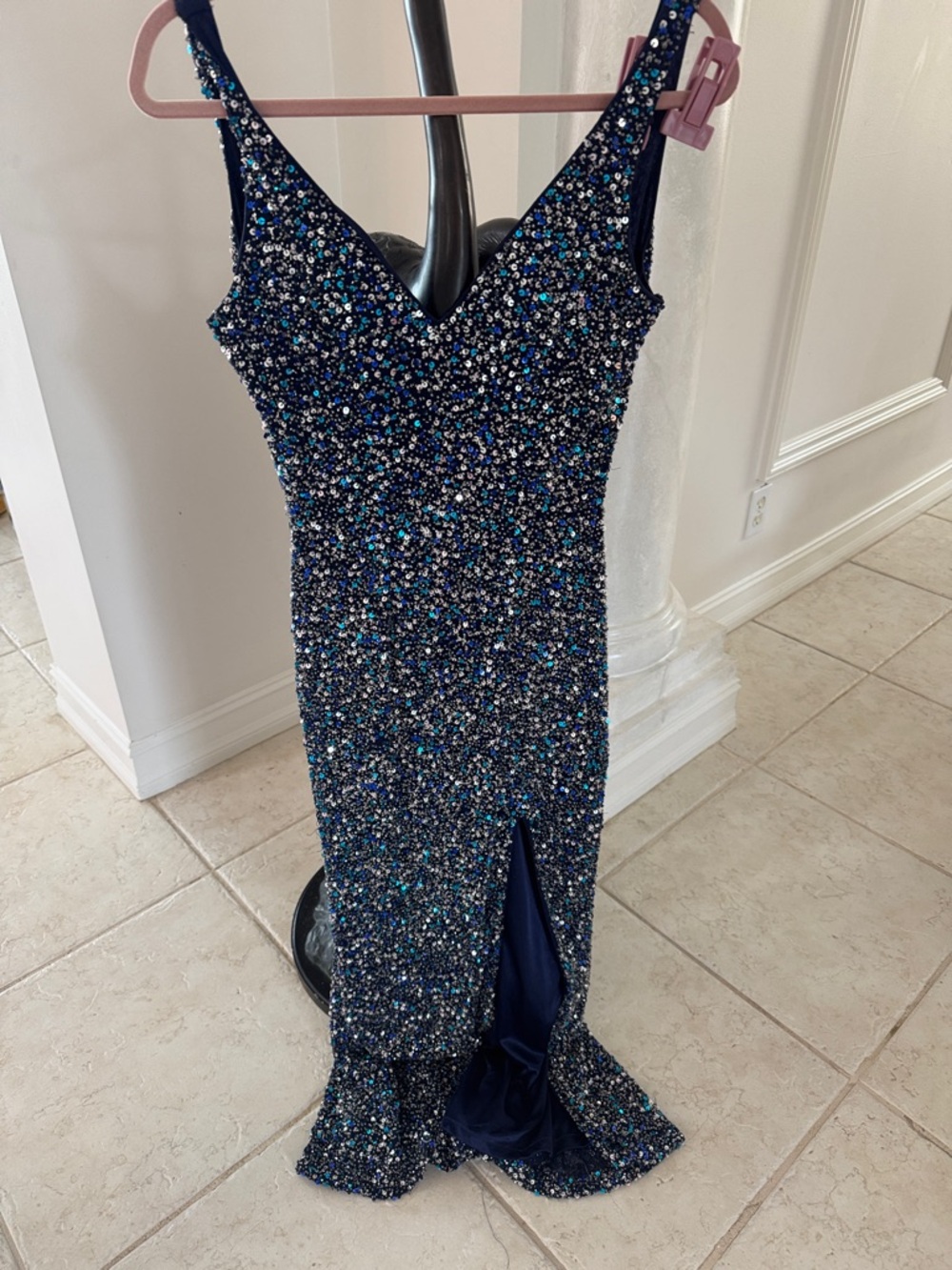 Mac Duggal Navy Blue Sequin Evening Gown
